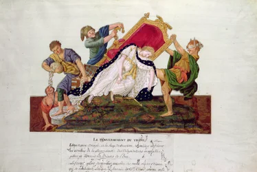 Allegori om væltning af tronen i Frankrig under den franske revolution (gouache)