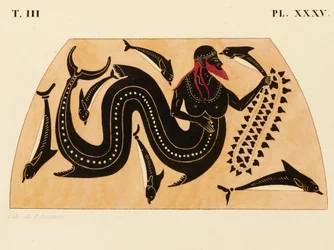 Tryk af dekorationen på en græsk amfora, der viser Poseidon ledsaget af delfiner, ca. 1858 (akvarel og kropsfarve over litho på vævet papir)