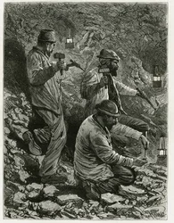 Minearbejdere udvinder kul i venen. Gravering af Ferat, til illustration af historien "" Belgien" ", af Camille Lemonnier (1844-1913) belgisk forfatter. Udgivet i Le Tour du monde, nouveau journal des voyages, 2. semester 1884, redigeret af Edouard Charton