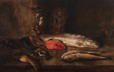 Kalan asetelma karpin, monni, lohen, punaisen mullin, ankeriaan ja merianturan kanssa pöydällä roikkuvalla valkosipulilla ja salottisipulilla, kuolleilla kaloilla, n. 1775-1800 (öljy kankaalle)
