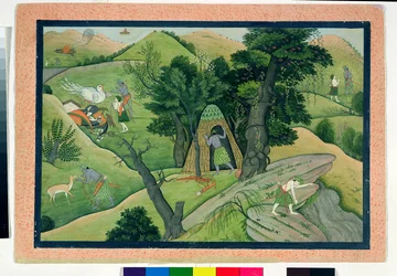 74.73 Rama og Lakshmana vandrer på jagt efter Sita, fra Ramayana, Kangra, Himachal Pradesh, 1780