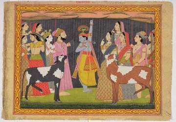 Krishna løfter Govardhana-bjerget, fra Bhagavata purana, Kulu, Himachal Pradesh, 1749