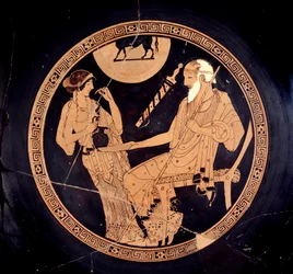 Ilioupersis Cup: kop med røde figurer, der repræsenterer Briseis og den gamle Phenix (Phoenix), Achilles-pædagog. Tilskrevet Brygos (5. århundrede f.Kr.). Paris, Louvre-museet