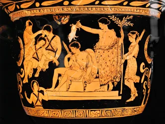 Rødfiguret klokkekrater fra Apulien: Apollon renser Orestes med blodet fra en pattegris ...