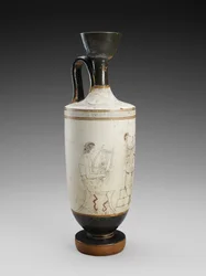 Skulder Lekythos med hvidmalet polykromt maleri af begravelsesscene, 450-440 f.Kr. (terracotta, hvid grundstil)