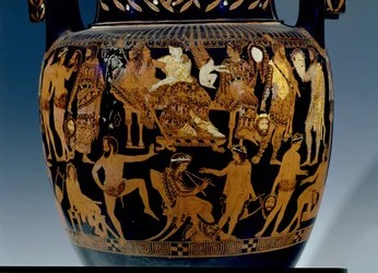 Loftsvolutkrater med rød figur, detalje af scenen af skuespillere og musikere, der forbereder sig til en forestilling før Bacchus og Ariadne, græsk, fra Ruvo, 5. århundrede f.Kr. (keramik) (se også 119444-5