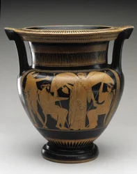 Rød figursøjlekrater med scene af Zeus og Hera, 480-460 f.Kr. (terracotta)
