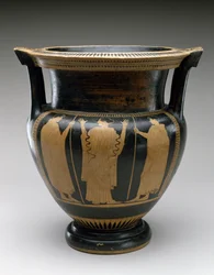Rød figursøjlekrater med scene af en kvinde og to unge, 480-460 f.Kr. (terracotta)