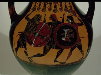 Attisk sort-figur amfora dekoreret med en scene af Herakles klædt i et løveskind, der kæmper mod Cycnus, ca. 540 f.Kr. (keramik)