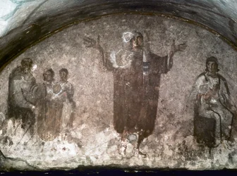 TIDLIG KRISTEN KUNST: Catacombe di St. Priscilla. Cubible of the Velata, slutningen af det 3. århundrede (fresko)