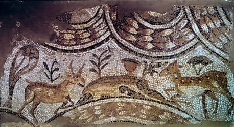 Paleokristen kunst: fragment af kirkemosaikker: hjorte og hjorte drikker vand. 6. århundrede e.Kr. Fra Kartago, Bir Ftouh, Tunesien. Paris, Louvre-museet
