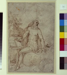 Skitse, muligvis St. Hieronymus (pen & blæk på papir)