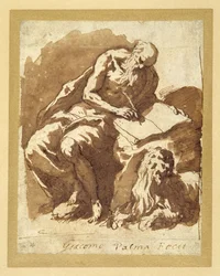 St. Jerome sidder på en sten og skriver (pen og blæk med vask på papir)