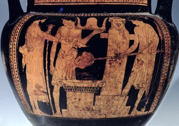 Attic rød-figur krater, detalje, dekoreret med en scene af Vulcans smedje, 5. århundrede f.Kr. (keramik)