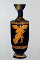 Attic rød-figur lekythos dekoreret med en bevinget figur af Nike, fundet på Gela, ca. 490-80BC (keramik)