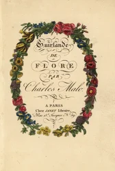 Kalligrafisk titelside i en blomsterkrans af roser, tulipaner og andre blomster