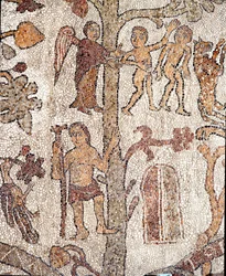 Adam og Eva jager fra Jordens paradismosaik af Pantaleone, præst og mosaist. 1163-1166. Centralskib i katedralen i Otranto