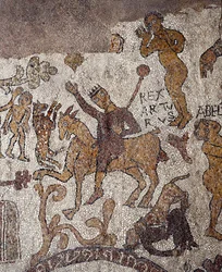 Fremstilling af kong Arthur og Perceval. Mosaik af Pantaleone, præst og mosaikkunstner. 1163-1166. Midterskibet i katedralen i Otranto (Otranto), Italien