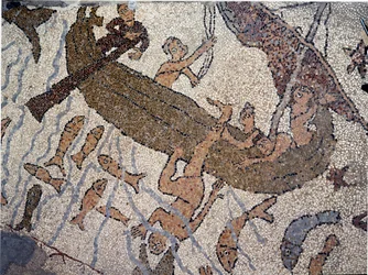 Profeten Jonas er en jet til havet detalje. Mosaik af Pantaleone, præst og mosaik. 1163-1166. Det centrale skib i katedralen i Otranto (Otranto), Italien