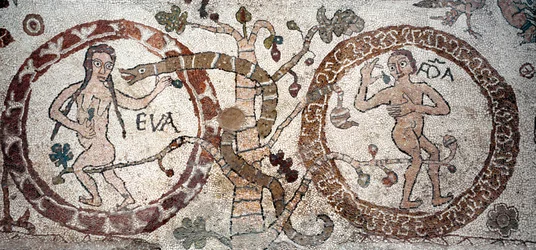 Adam og Evas fristelse Mosaik af Pantaleone, præst og mosaist. 1163-1166. Det centrale skib i katedralen i Otranto (Otranto), Italien