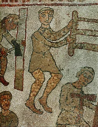 Tømrer med en sav, en anden med en økse. Mosaik (mosaik)