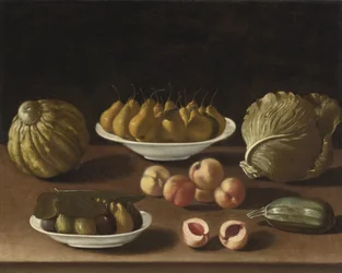 Stilleben med pærer, ferskner, figner, en melon, kål og marv