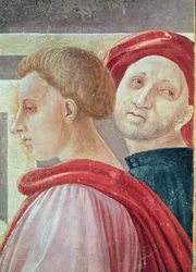 To mandshoveder, fra Mariafrembringelsen i templet, 1433-34 (detalje)