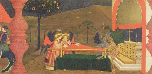 Predella om vanhelligelsen af hostien: den jødiske pantelåners lig bevogtet af engle og djævle, ca. 1468 (detalje)