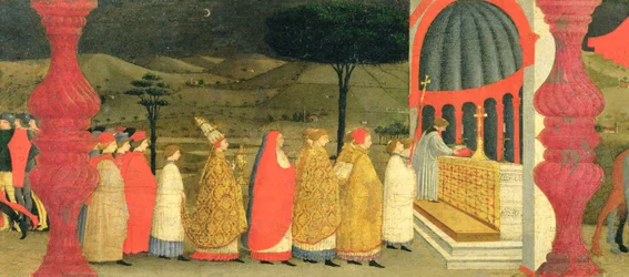 Predella om vanhelligelsen af hostien: Paven bringer den indviede hostie tilbage til alteret, ca. 1468 (detalje)