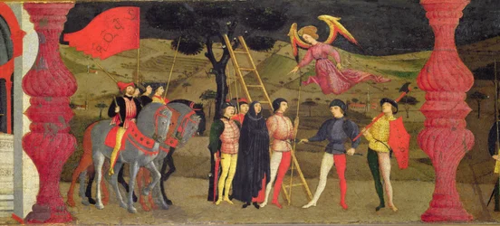 Predella til vanhelligelsen af hostien: Den angrende kristne kvinde hænges for at have pantsat den indviede hostie, ca. 1468 (detalje)