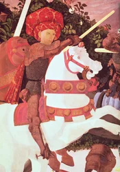 Slaget ved San Romano, detalje af Niccolo da Tolentino d.1435, leder af de florentinske lejesoldater, c.1450-60 tempera på paneldetalje af 30690