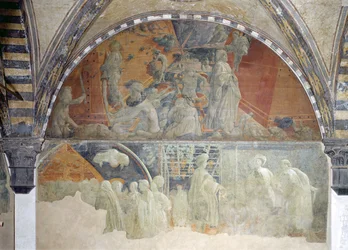 Syndfloden og vandets synkning (øverste sektion) Noas ofring og drukkenskab (nederste sektion) lunette (for detaljer se 123196)