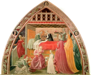 Jomfruens fødsel. Jordemødrene tager sig af den nye, mens en tjener vasker Jomfruens hænder. Maleri af Paolo Uccello (Paolo di Dono detto