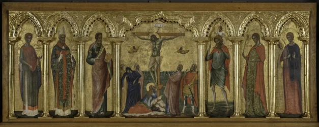 Sankt Stratonicus, Sankt Hermolaus, Sankt Matthæus, Sankt Cristopher, Sankt Thecla og Sankt Abundius, Polyptykon om korsfæstelsen med hellige