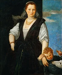 Portræt af en kvinde med et barn og en hund Isabella Guerrieri Gonzaga Canossa, 1547-1548.