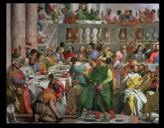 Bryllupsfesten i Cana, detalje af banketbord med mand i grøn kappe og dværg med en papegøje, c.1562 olie på lærred detalje af 94932