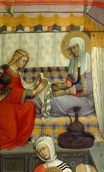 Alterbillede af Jomfruens fødsel af Paolo di Giovanni Fei (ca. 1345-ca. 1411), tempera på træ, detalje
