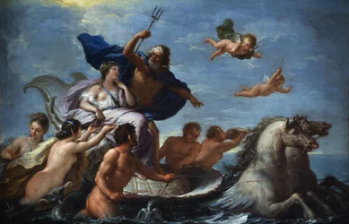 Neptuns og Amfitrites triumf. Barok, Italien, Napoliskolen, Villa Margherita, Bordighera, 51 x 76, maleri