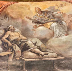 Fresker af Paolo de Matteis dateret 1714 på hvælvingen og på trommen, der skildrer helgenens liv, San Cataldo-kapellet i katedralen, Taranto, Italien (foto)