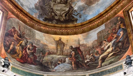 Fresker af Paolo de Matteis dateret 1714 på hvælvingen og på trommen, der skildrer helgenens liv, San Cataldo-kapellet i katedralen, Taranto, Italien (foto)