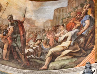 Fresker af Paolo de Matteis dateret 1714 på hvælvingen og på trommen, der skildrer helgenens liv, San Cataldo-kapellet i katedralen, Taranto, Italien (foto)