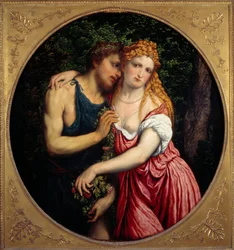 Dafnis og Chloe. Mytologisk fremstilling af et par. Maleri af Paris Bordon eller Bordone (1500-1571)