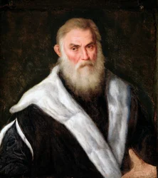 Portræt af en gammel mand iført pels Maleri af Paris Bordon (1500-1571) 1500-tallet Dim 70x62 cm Genes Musei di Strada Nuova (ex Palazzo Rosso)