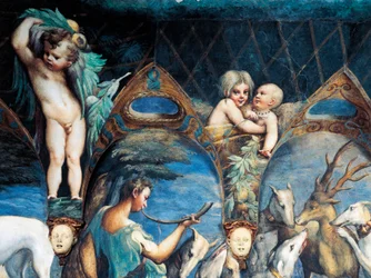 Actaeon angrebet af hunde, detaljer fra Myth of Diana and Actaeon, omkring 1524, af Francesco Mazzola, kendt som Parmigianino (1503-1540), fresco, Room of Diana and Actaeon, Rocca Sanvitale, Fontanellato, nær Parma, Emilia-Romagna, Italien