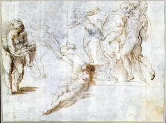 Figurstudier: Kvinde der holder en baby; Mand forfulgt af en anden; Nøgen kvinde liggende på jorden; Hercules and the Nemean Lion (brunt blæk og vask på papir)