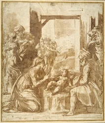 The Nativity (pen & brunt blæk med brun vask på hvidt papir)
