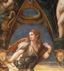 Nymfen grebet af præsten, af Francesco Mazzola, kendt som Parmigianino (1503-1540), fresco. Detalje. Rocca Sanvitale, Fontanellato, Emilia Romagna.