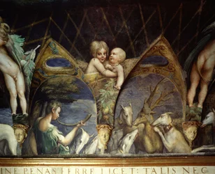 Detalje af en fresko af rummet med Diane (Artemis) og Acteon af Francesco Mazzola kaldet Le Parmesan (1503-1540) (Parmigianino) for Paola Gonzaga og Galeazzo Sanvitale. Det forestiller en nymfe, der spiller på horn, samt keruber og "putti". Acteon er et rå