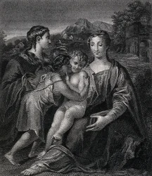 Sankt Maria (den velsignede jomfru) med Kristusbarnet, Sankt Johannes Døberen og Sankt Maria Magdalene. Kobberstik efter G.F.M. Mazzola, il Parmigianino.