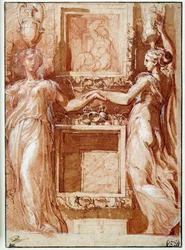 Two canephores giving their hand, on both sides of boxes Drawing in ink, wash, blood and white flaps by Girolamo Francesco Maria Mazzola dit Parmigianino or Le Parmesandani